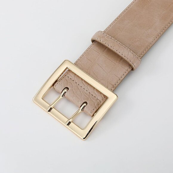Women Leather Wide Fashion Thick Dress Belt With Gold Buckle Belt Beige Gold - Picture 3 of 7